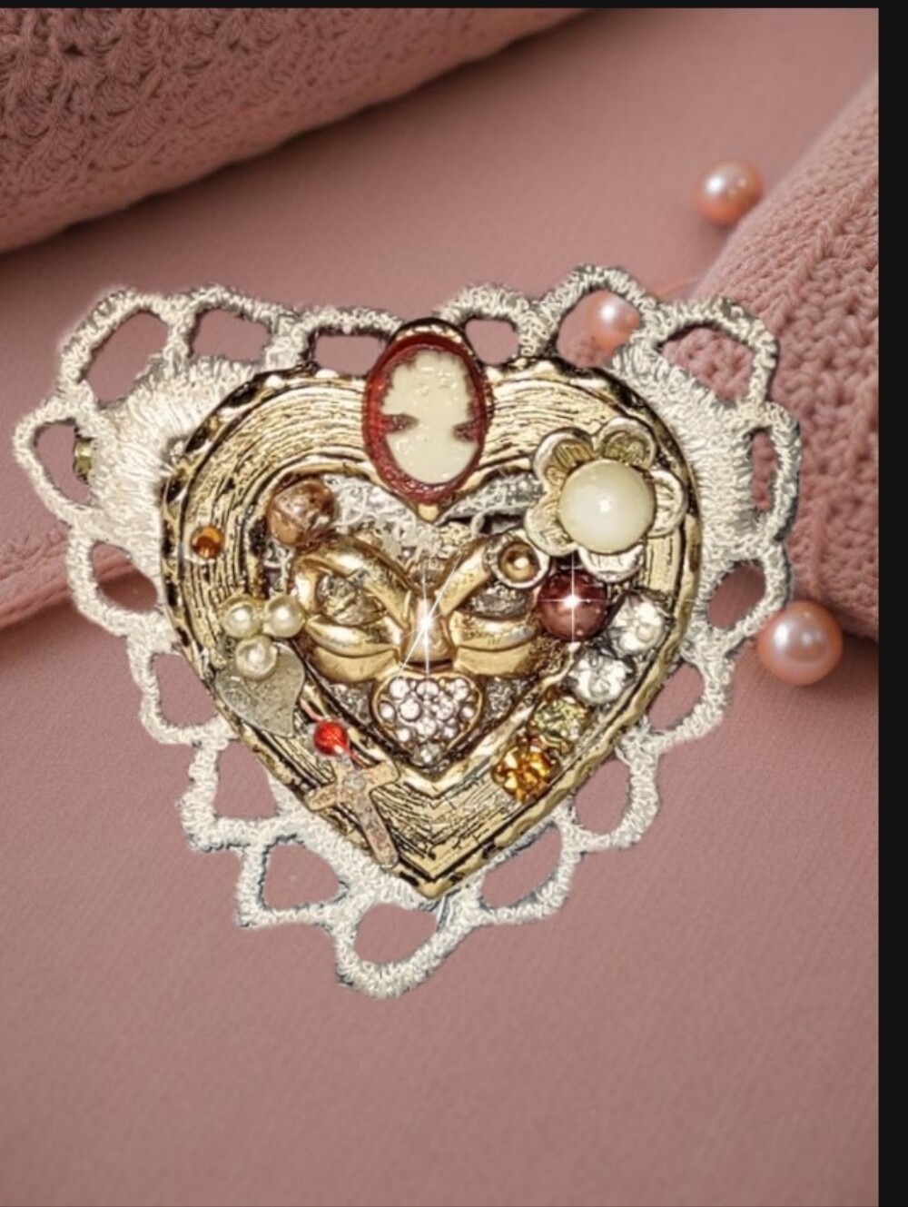 Vintage Gold Heart, Cameo, Pearls & Lace Inspirational Upcycled Brooch